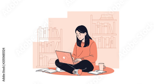 Young woman studying or working on laptop in cozy room with books
