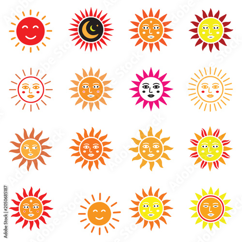 Cute sun doodle collection icon set vector art illustration