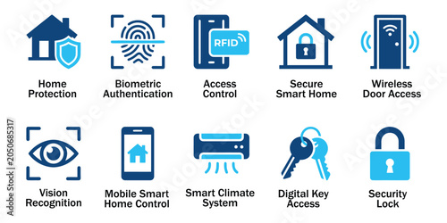 Smart home automation solid icons and iot security glyph elements. Vector illustration of flat blue corporate biometric authentication wireless door access climate system template.