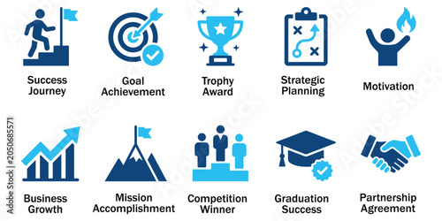 Business motivation solid icons and strategic success glyph elements. Vector illustration of flat blue corporate goal achievement trophy award representing partnership template.