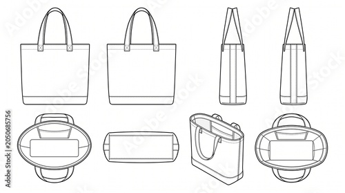 Canvas Tote Bag Technical Flat Sketch Vector Template with Front Back Side Top Bottom and Perspective Views