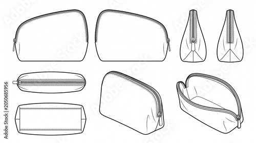 Cosmetic Bag Makeup Pouch Fashion Technical Flat Sketch Template Vector Illustration with Multiple Views
