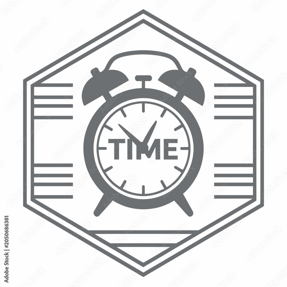 Fototapeta premium Vintage Alarm Clock Icon with Time Text in Hexagonal Emblem