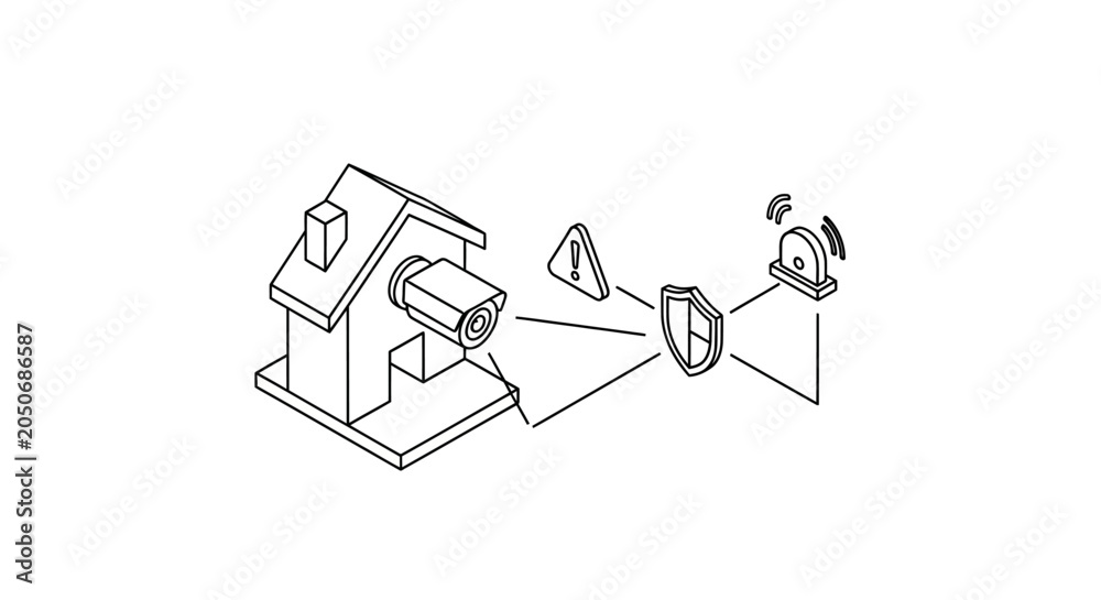 Fototapeta premium A line art illustration showing a residential home security system setup