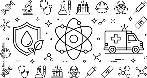 Photos Medical science and biohazard line icon set with atom model ambulance shield fla