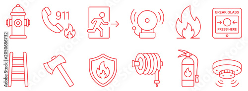 Foto Fire emergency safety equipment line icons set with hydrant extinguisher alarm exit and protection symbols