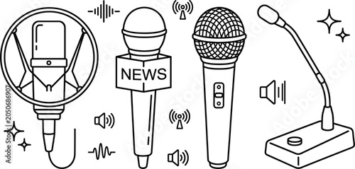 Foto Microphone audio equipment line icon set with studio condenser news broadcast dy