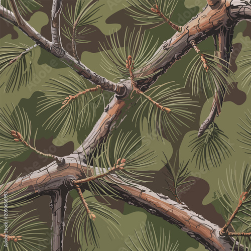 Seamless woodland camouflage vector pattern with detailed pine branches, needles, and bark in forest green and brown.
