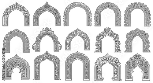 Fifteen distinct archway silhouettes feature dense and detailed internal geometric or floral patterns arranged in a grid against a solid white background for architectural design.