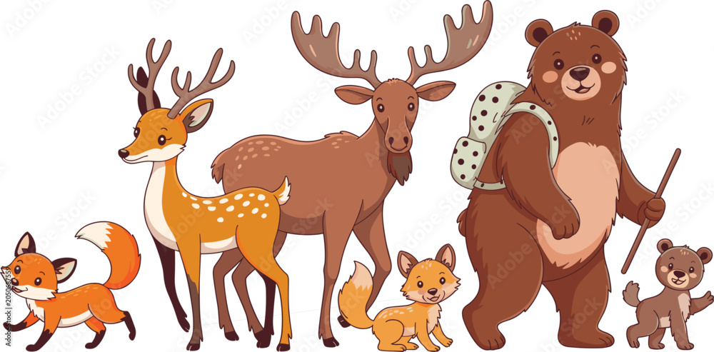 Naklejka premium Forest Animals Cartoon Vector Collection with Bear, Deer, Fox, Moose and Cute Woodland Wildlife Characters Illustration Set
