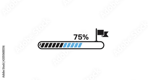 A digital progress bar showing seventy five percent completion with a small flag icon