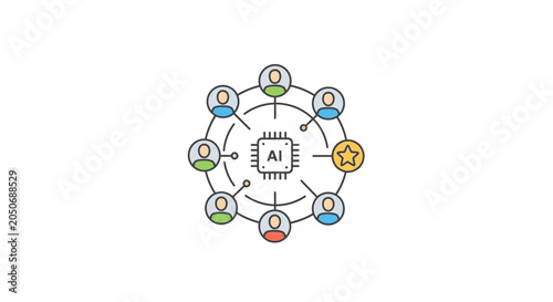 A digital illustration showing a central processor connected to a group of people