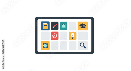 A digital tablet screen displaying a grid of colorful educational application icons