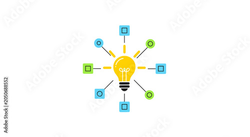A bright yellow light bulb icon connected to various geometric shapes and lines