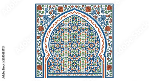 Islamic Moroccan mosaic arch vector, traditional Arabic floral tile pattern, blue and orange oriental geometric ornament for wall art and decor