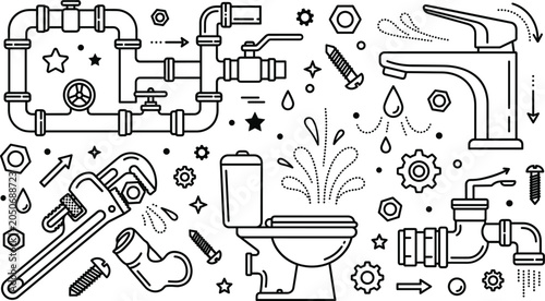 Schilderij op canvas Plumbing service and repair line icons set vector illustration including water p