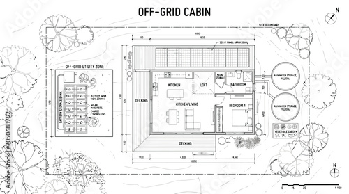 Foto Architectural Blueprint of an Off- Grid Cabin with Solar Panels and Rainwater St