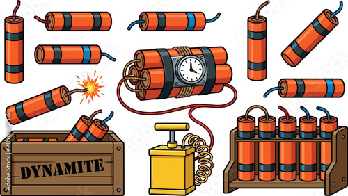 Foto Dynamite sticks vector illustration collection featuring red explosive bombs wit