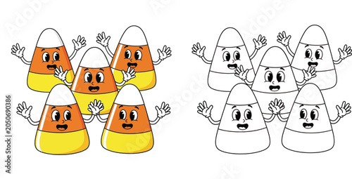 Happy Cartoon Candy Corn Characters Set with Waving Hands for Halloween Celebrations, Colorful Mascot and Black and White Line Art Coloring Page for Kids, Vector Illustration