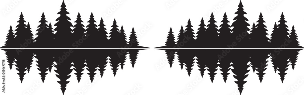 Fototapeta premium Pine forest tree line reflection on water surface silhouette for northern landscape audio wave art.