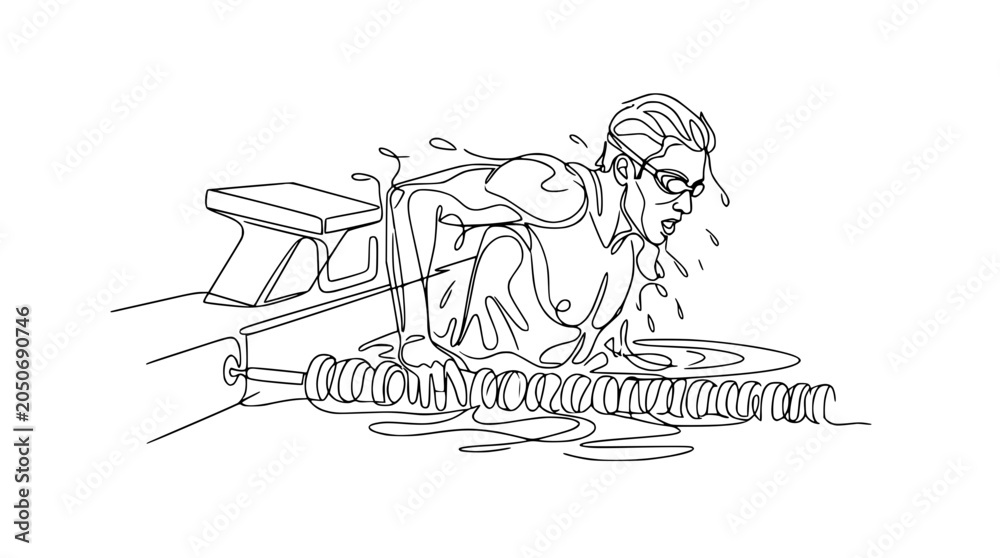 Obraz premium Swimmer emerging from water line art, intense focus, competitive swimming, start block