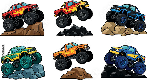 Tableau sur toile Monster trucks vector illustration collection featuring powerful 4x4 offroad rac