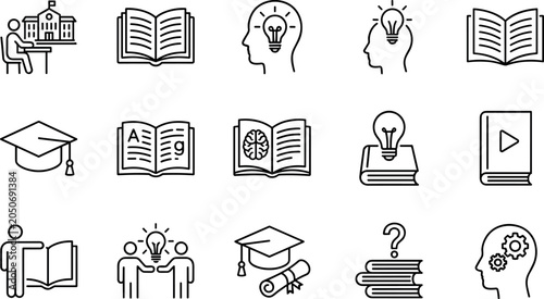 Принти на полотні Education and e-learning vector icon set featuring graduation cap books student