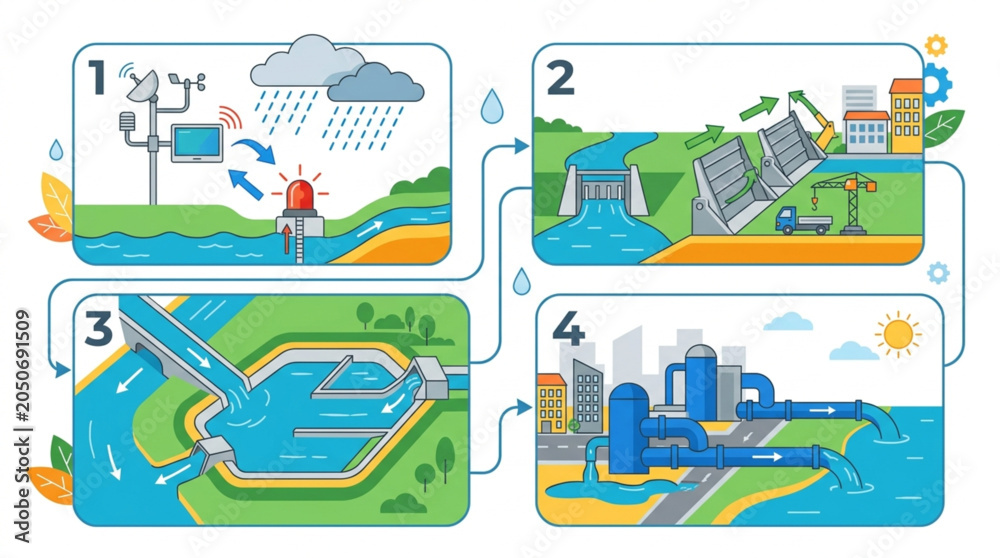Fototapeta premium Illustrated diagram depicts the four stages of a water cycle from rainfall and collection to treatment and distribution in urban environments, conveying a technical process