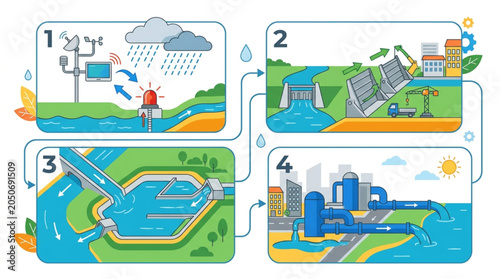 Illustrated diagram depicts the four stages of a water cycle from rainfall and collection to treatment and distribution in urban environments, conveying a technical process