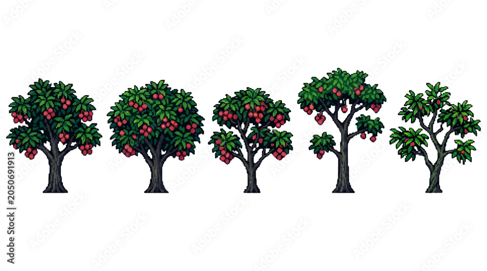 Fototapeta premium Sequence of six stylized fruit trees with vibrant red and green foliage illustrating different growth stages