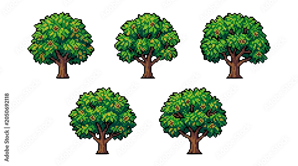Fototapeta premium Collection of pixel art illustrations depicting various mature green trees with detailed lush foliage and sturdy brown trunks