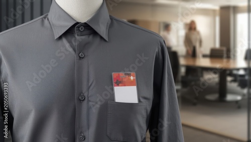 A visitor badge is affixed to a gray collared shirt with a pocket, clearly showing temporary guest status.
