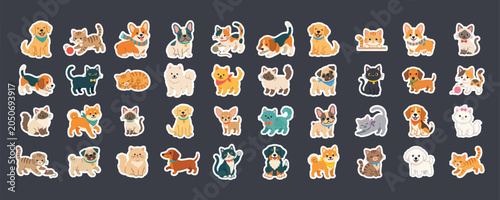 Tableau sur toile Cute pets collection with various cat and dog breeds as stickers illustration co
