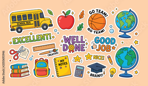 Back to school education items and classroom supplies sticker set with well done good job education supplies stickers classroom learning backpack academic university
