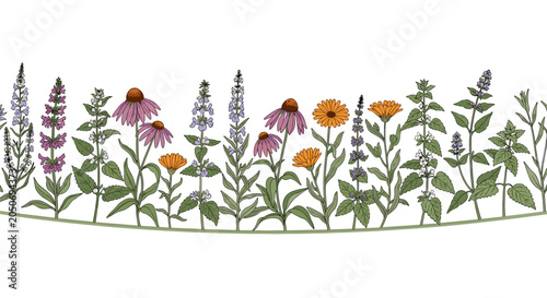 A hand-drawn botanical border of vibrant purple coneflowers and orange calendula flowers arranged in a horizontal line against a clean and solid white background setting.
