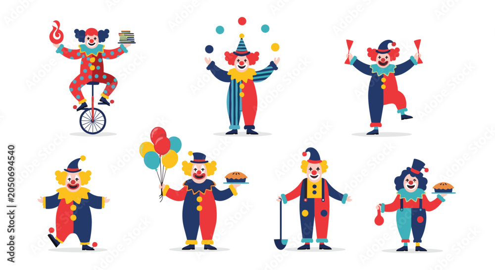 Fototapeta premium Colorful circus clowns performing various acts like juggling unicycling and holding balloons for entertainment.