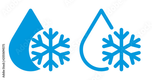 Cooling technology icons. Water drop with snowflake sign. Cold temperature, frost and freshness concept.