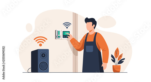 A technician wearing an apron adjusting a wall-mounted smart thermostat connected to a wireless speaker in a modern home in a flat-style digital illustration.