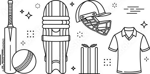 Fotografie Cricket sport equipment line icon set with bat ball leg pad helmet wicket bails