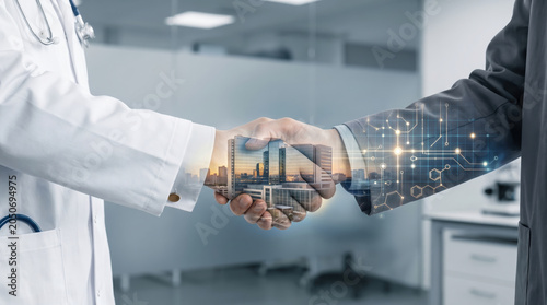 Healthcare innovation alliance concept handshake cooperation futuristic city double exposure partnership trust medical technology agreement success vision