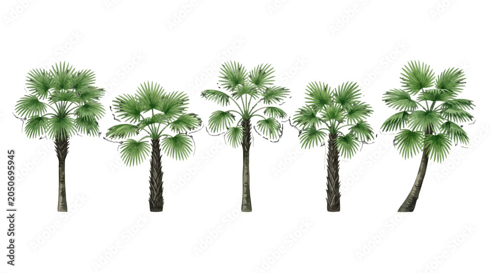 Fototapeta premium Collection of five palm trees with lush green fan-shaped leaves arranged in a line showcasing different trunk textures and