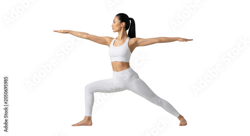 Woman practicing yoga in warrior pose isolated on transparent background