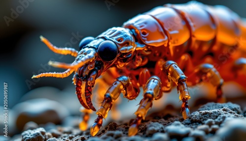 The image depicts a highly detailed close up of a small, segmented arthropod with a vibrant orange brown coloration