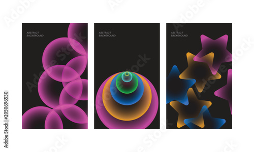 Abstract gradient poster set with glowing circles and stars, neon geometric shapes on black background, futuristic cover design vector