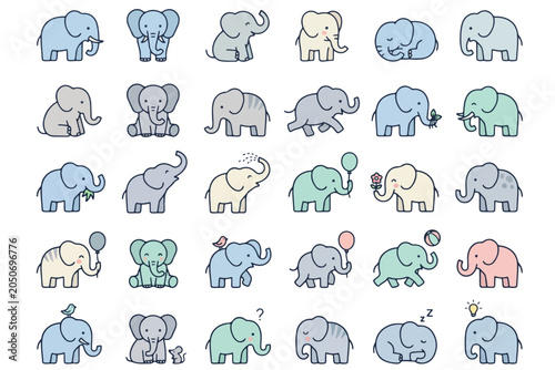 Cute Elephant Collection: A delightful compilation of hand-drawn elephants, each exhibiting a unique expression and pose, scattered across the frame.