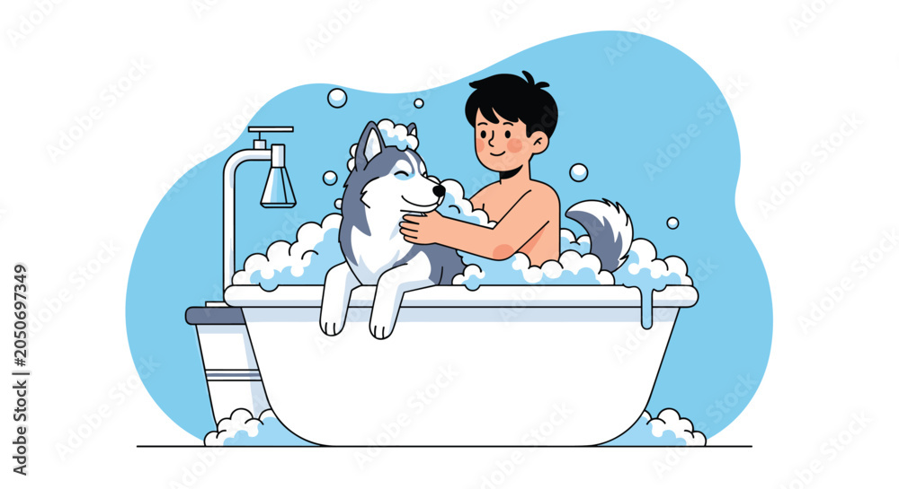 Obraz premium Young boy gives a friendly husky dog a bubbly bath in a white bathtub filled with soap suds on a blue circular background.