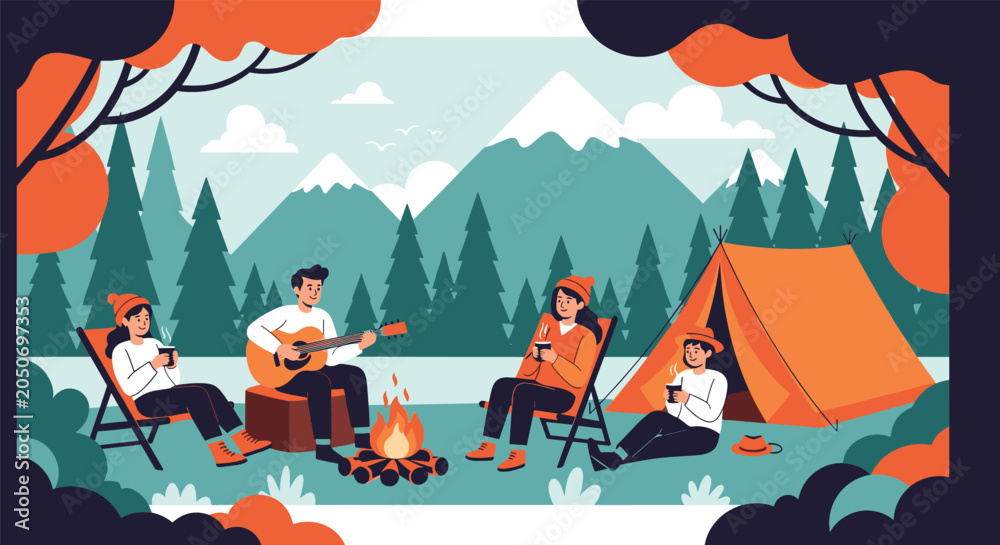 Fototapeta premium Friends enjoy a cozy camping trip in the mountains while sitting around a campfire, playing guitar, and drinking coffee near their tent.