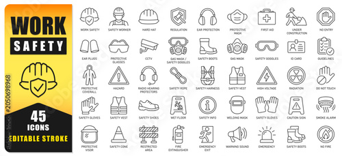 Work Safety Line Icon Set Featuring Personal Protective Equipment, Hazard Warnings, Emergency Signs, Construction Safety, And Workplace Protection Symbols. Editable Stroke Vector Icons For Industrial
