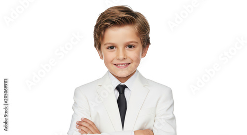 Confident young boy in dress shirt and tie isolated on transparent background