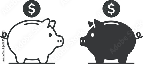 Tableau sur toile Black and white piggy bank icons with dollar coins on top for saving money